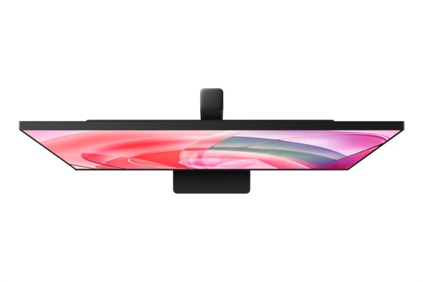 Écran 4K Samsung vu de dessus avec pied central sur fond blanc