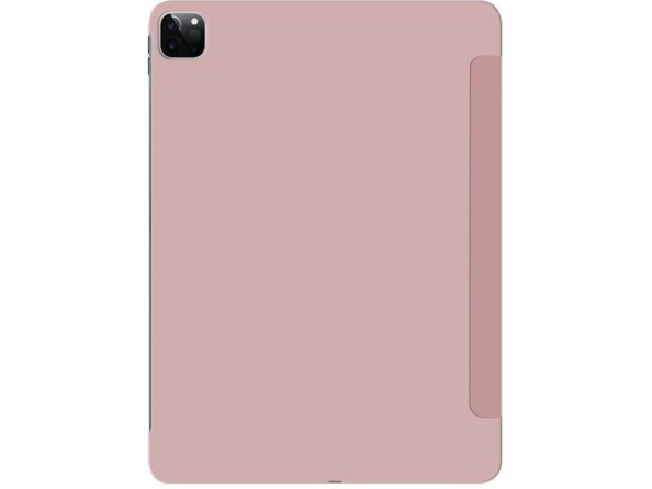 Arrière de l'étui folio coloris rose pâle MacAlly sur une tablette Apple avec ouverture au niveau de l'appareil photo arrière