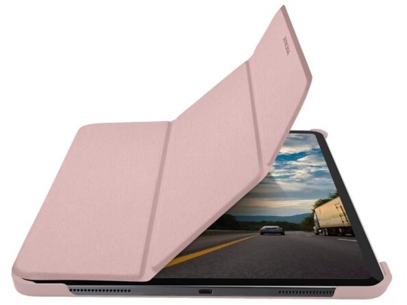 Vue frontale du dessous d'un iPad à l'écran allumé par ouverture du rabat de l'étui de protection MacAlly rose avec ouverture pour port de chargement et haut-parleurs