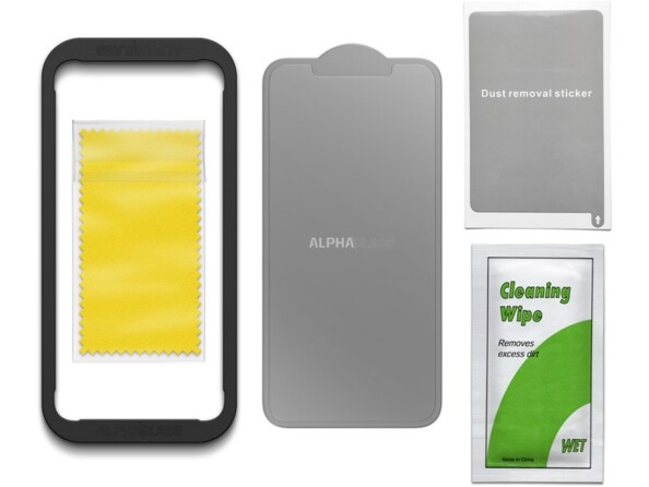 Vitre de protection d’écran avec applicateur, lingette, chiffon de nettoyage et bande adhésive anti-poussière