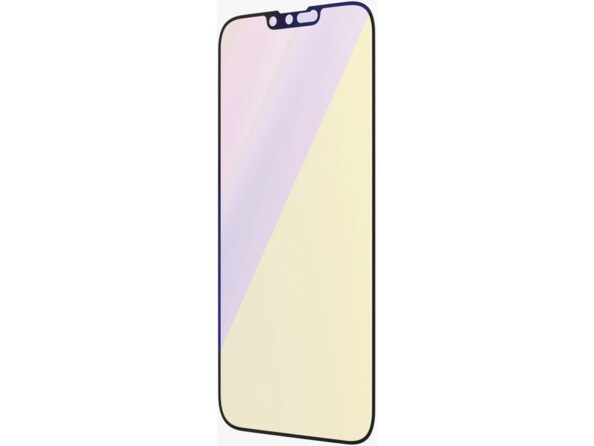 Film de protection d'écran pour iPhone 14 Plus et 13 Pro Max coloris jaune transparent avec filtre anti-lumière bleue, traitement oléophobique et revêtement antibactérien