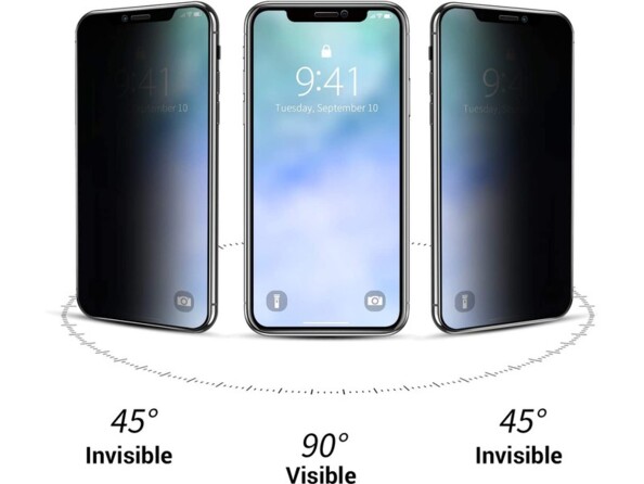 Illustration de l'effet du filtre anti-espion sur trois positions (45° à droite, 45° à gauche et à 90°) rendant visible ou invisible le contenu affichant sur l'écran du smartphone Apple