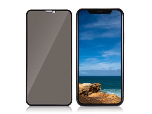 Mise en situation du film de protection de la vie privée pour iPhone sur l'écran d'accueil avec à gauche la vue perçue par les regards indiscrets et à droite ce que vous voyez