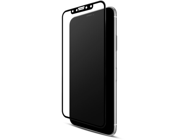 Verre trempé transparent ultra-fin avec contour noir 9H vue de biais devant iPhone éteint