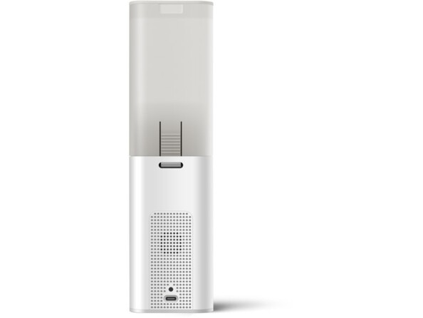 Vue côté gauche de la caméra pour animaux d'intérieur coloris blanc/gris avec grille de ventilation et port de chargement USB-C