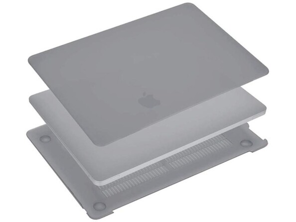 Vue explosée en couches successives des deux parties de l'étui de protection rigide Novodio Macbook case au-dessus et en dessous d'un MacBook Air 13"