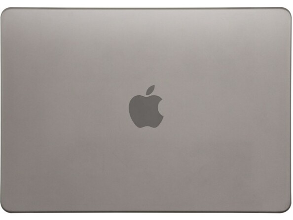 Vue du dessus sur le capot supérieur d'un MacBook Air avec étui de protection gris anthracite laissant apparaître le logo Apple