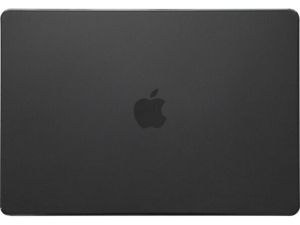 Vue du dessus sur le capot supérieur d'un MacBook Air avec étui de protection noir transparent laissant apparaître le logo Apple