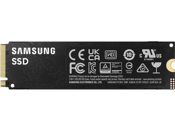 Arrière de la barrette SSD Samsung avec logos de traitement des déchets et mentions techniques