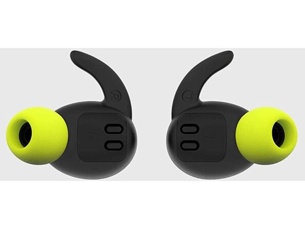 Arrière des oreillettes sport sans fil avec crochet d'oreille et embouts amovibles et sorties audio