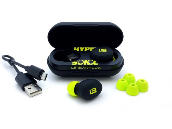 Écouteurs sport sans fil LinearFlux Lite de la marque HyperSonic coloris noir et jaune