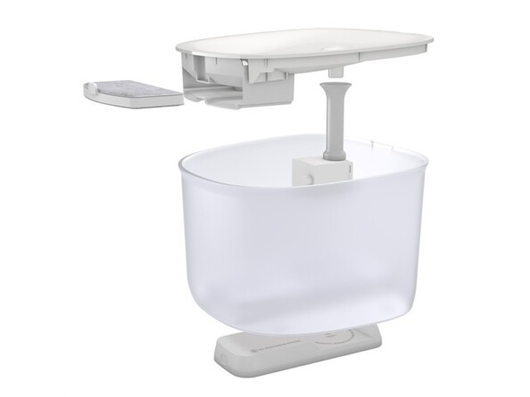 Vue explosée des différents éléments constituant la fontaine à eau : gamelle/couvercle, filtre, pompe sans fil, réservoir et socle