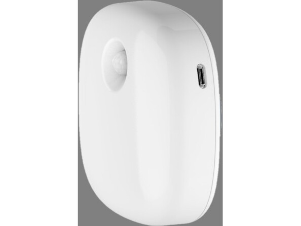 Vue de biais côté droit du boîtier carré aux bords arrondis avec port de chargement USB-C et capteur infrarouge de l'assainisseur d'air connecté