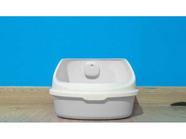 Mise en situation du purificateur d'air blanc collé sur la paroi intérieur d'un bac à litière ouvert