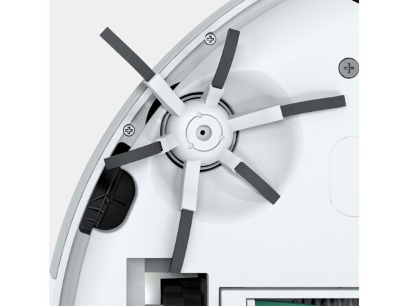 Gros plan sur le balai brosse latéral à côté de la brosse rouleau et des roulettes sous l'aspirateur