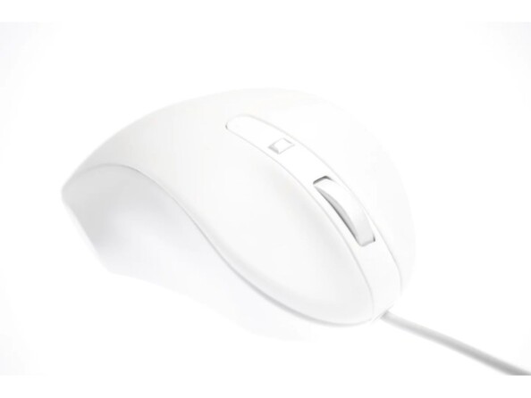 Vue de biais côté droit de face avec câble USB fixe, molette de défilement argentée et bouton programmable sur le dessus