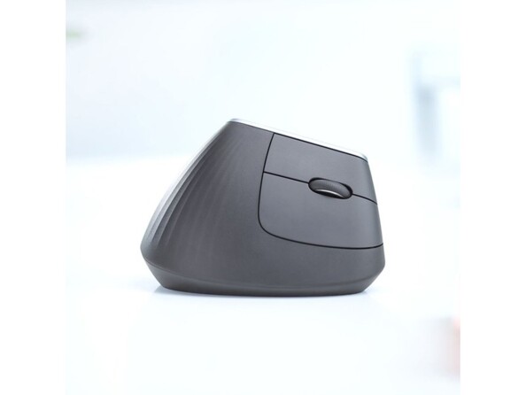 Vue côté droit de la souris ergonomique MX Vertical Logitech coloris gris avec clics verticaux et molette de défilement cliquable