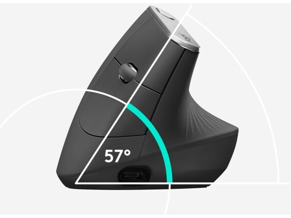 Schématisation de l'angle d'inclinaison vertical à 57° de la souris 3 en 1 Logitech