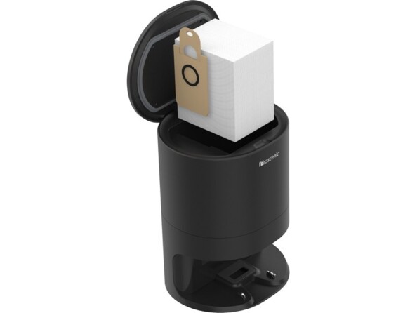 Schématisation de la mise en place d'un sac à poussière par le haut du collecteur automatique Proscenic