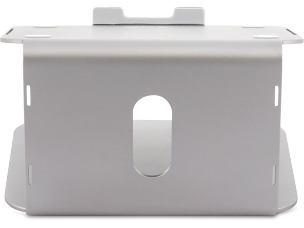 Arrière du support en aluminium coloris gris sidéral avec fente de fixation pour station d'accueil et ouverture d'aération pour PC portable