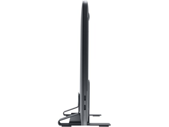 Vue côté gauche de la station de rangement minimaliste avec MacBook rangé à l'intérieur