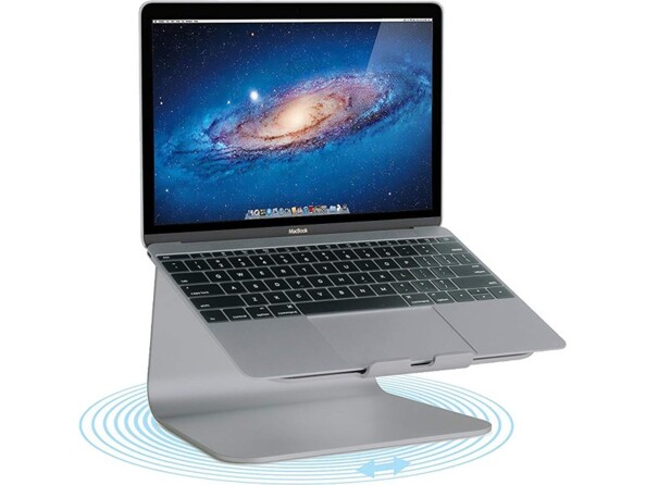 MacBook allumé posé sur le support élévateur gris sidéral dont la rotation est illustrée par un ensemble de cercles et de flèches sous sa base