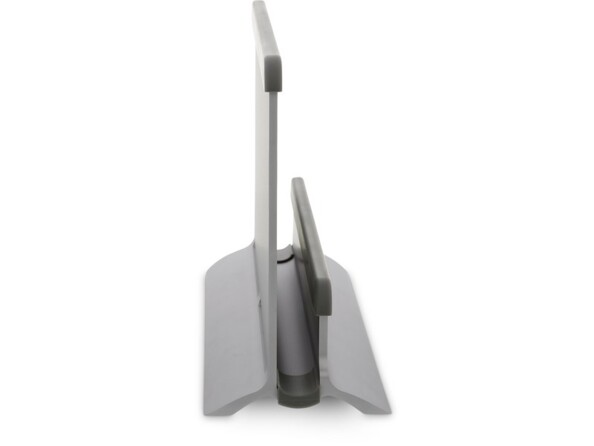 Support vertical pour PC portable LMP avec base courbe et pince de maintien en U avec partie courte à l'avant et partie longue à l'arrière