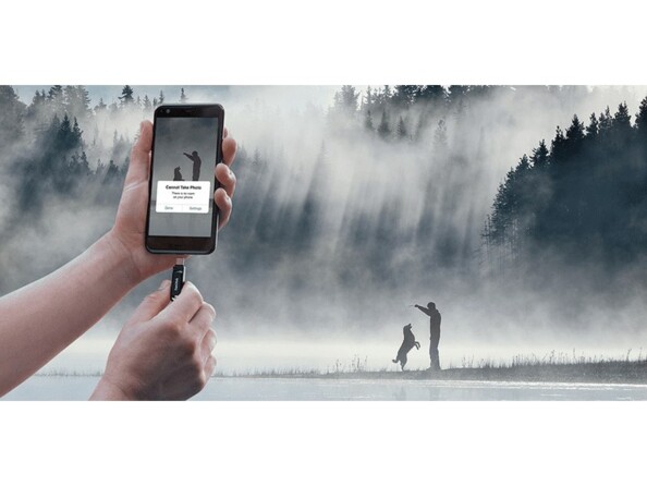 Insertion de la clé USB-C 2 en 1 Sandisk dans le port d'un smartphone affichant un message d'erreur lié à l'espace de stockage pendant qu'il immortalise un chien et son maître jouant dans la brume d'une forêt