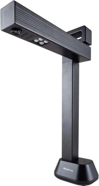 Scanner IRIScan Desk noir en trois-quarts avec boutons gris et objectif sous le bras