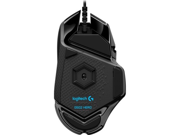 Dessous de la souris gamer G502 Hero Logitech avec capteur Hero 25K haut précision 25600 dpi