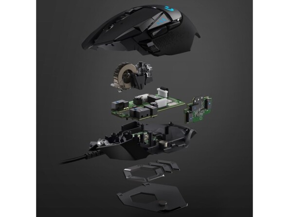 Vue éclatée des différents composants électroniques à l'intérieur de la souris gaming optique filaire USB G502 Hero Logitech