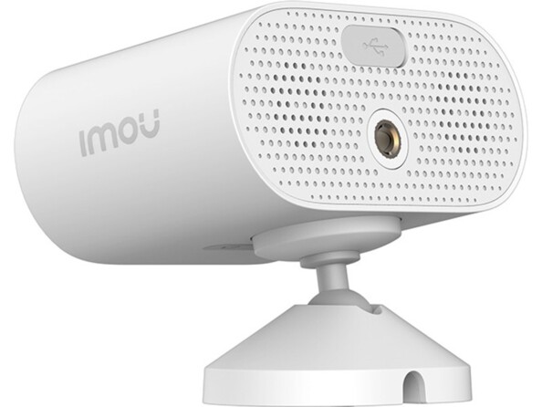Vue arrière du boîtier coloris blanc de la caméra Cell Go Imou sur support de fixation à vis ou autocollant avec grille de ventilation, bouton de commande et prise pour panneau solaire