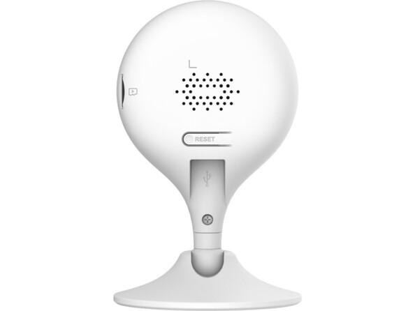 Vue arrière du boîtier coloris blanc de la caméra de sécurité avec haut-parleur, bouton reset et base