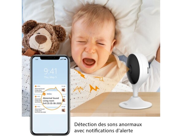 Détection des pleurs de bébé par capteur de bruits et réception de notifications sur smartphone via l'application mobile Imou Life