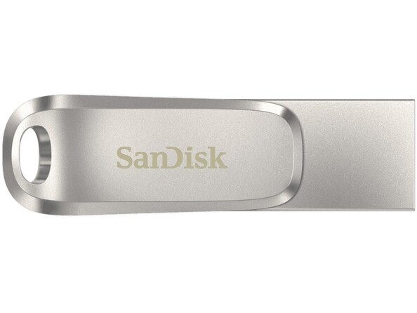 Vue du dessus du boîtier de la clé USB type C et type A coloris gris argenté avec logo Sandisk doré et encoche de fixation sur porte-clés