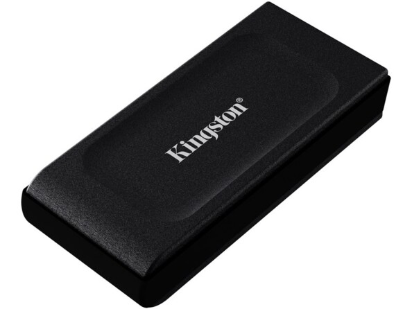 Boîtier en métal et plastique noir du disque dur externe SSD avec interface USB 3.2 Gen 2 et logo Kingston imprimé en blanc sur le dessus