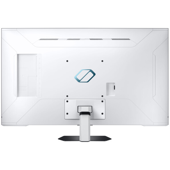 Arrière du boîtier coloris blanc et noir du moniteur PC gaming Odyssey Neo G7 Samsung avec support VESA, port HDMI/USB/DisplayPort, haut-parleurs intégrés et pied de support
