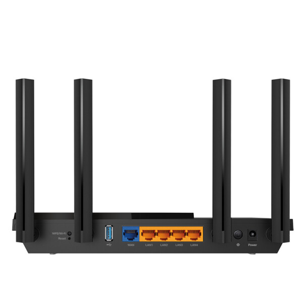 Arrière du boîtier coloris noir du routeur wifi 6 avec 4 ports RJ45, 1 port USB 3.0, 1 prise d'alimentation, 3 boutons de commande et 4 antennes externes