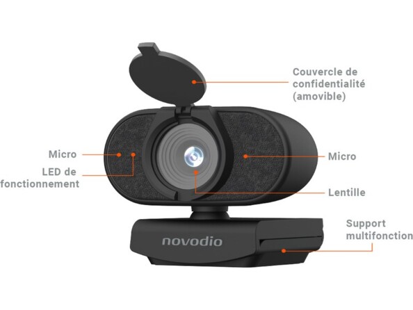 Webcam USB QHD avec double microphone, cache, LED et support