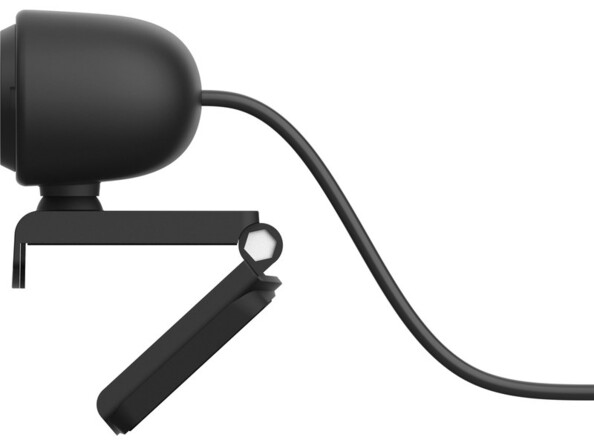 Vue côté gauche du boîtier de la caméra avec câble d'alimentation USB et pince de fixation