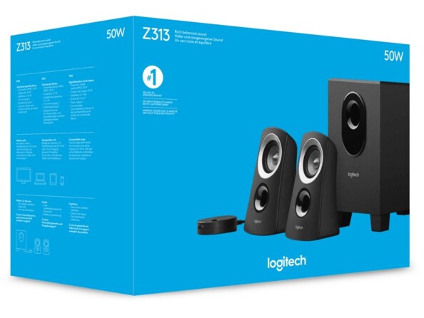 Pack de 2 enceintes satellites avec caisson de basses et mode d’emploi en français dans leur emballage cartonné