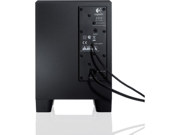 Arrière du subwoofer avec câbles branchés, spécifications techniques et pieds de support