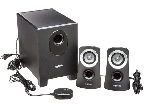 Système audio 2.1 pour PC avec câble d'alimentation secteur et boîtier de commande filaire