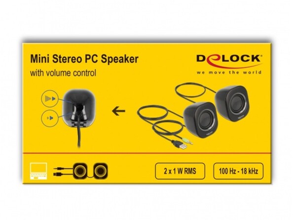 Mini speaker PC stéréo 2.0 2 x 1 W RMS Delock 27002 dans son emballage jaune cartonné