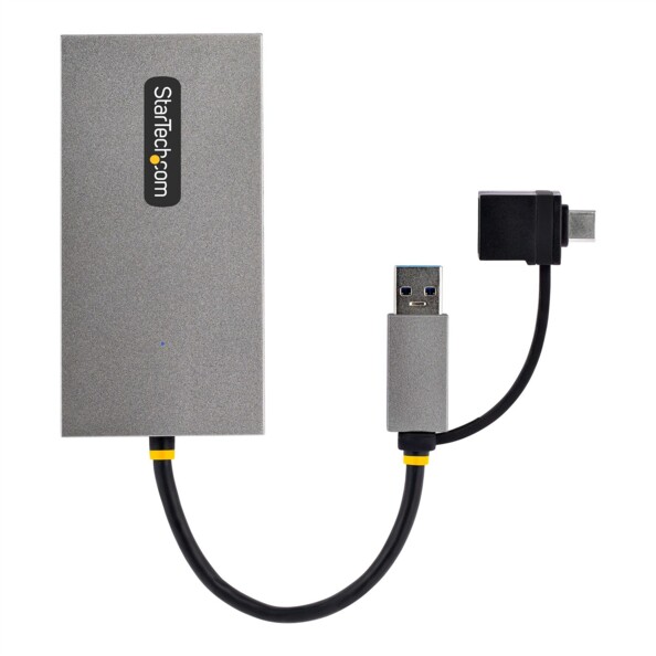 Adaptateur USB vers double HDMI StarTech.com gris, câble USB-A noir avec adaptateur USB-C attaché, LED bleue