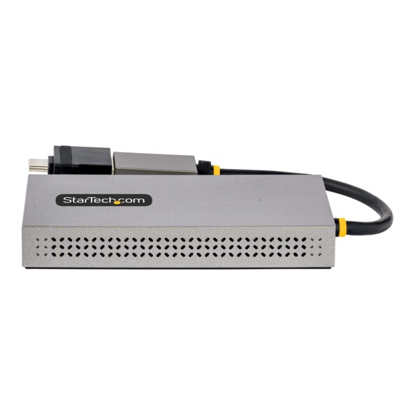 Adaptateur USB vers double HDMI gris StarTech.com avec câble noir, connecteurs et grille d’aération sur fond blanc