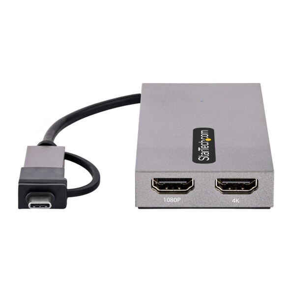 Adaptateur USB-C vers double HDMI StarTech.com avec ports 1080P et 4K, boîtier gris métallique et câble noir