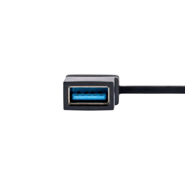 Connecteur USB-A femelle noir avec languette bleue et câble noir à droite, sur fond blanc uni