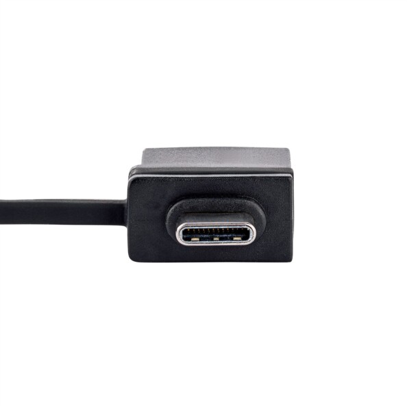 Connecteur USB-C noir avec contour métallique argenté, broches dorées visibles et câble noir à gauche sur fond blanc