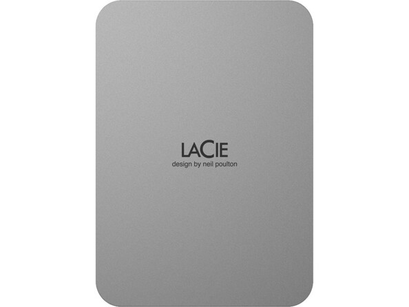 Vue de face du boîtier en aluminium rectangulaire aux coins arrondis coloris argent avec logo LaCie au milieu du HDD Mobile Drive